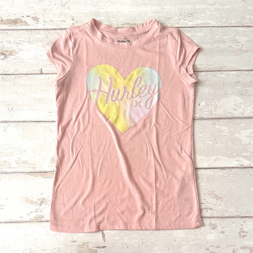 Hurley Size 8 Girls Short Sleeve Shirt Pastel Pink Top Heart Print